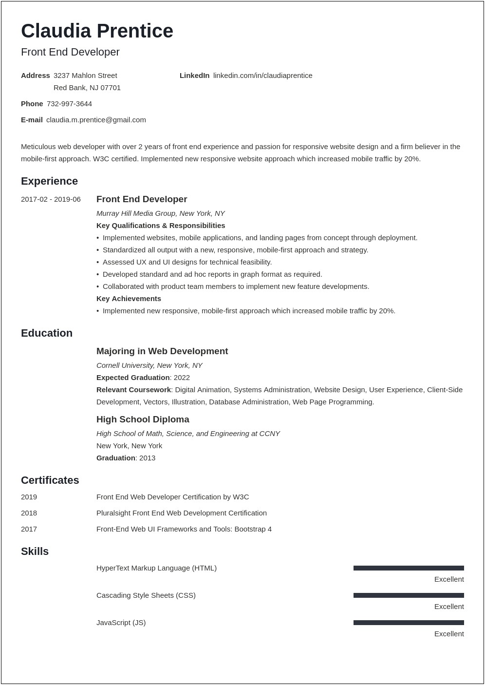 Technical Resume Examples For Front End Developer