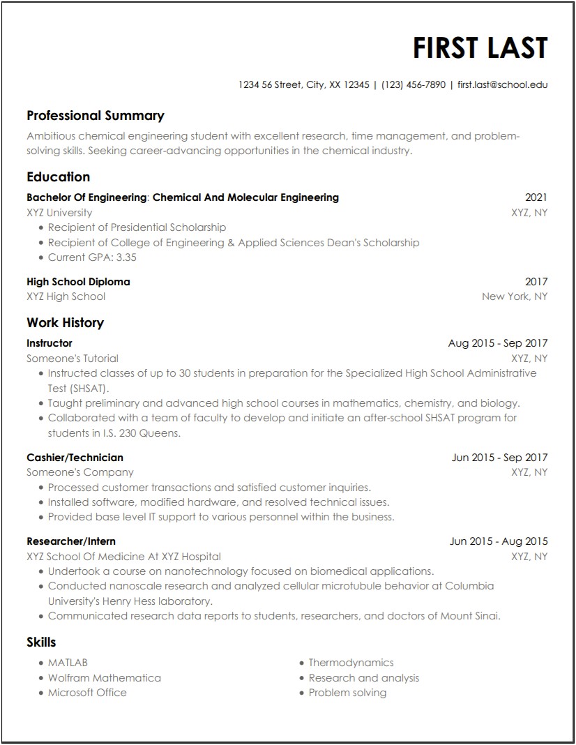 Technical Skills In Resume For Chemical Engineer