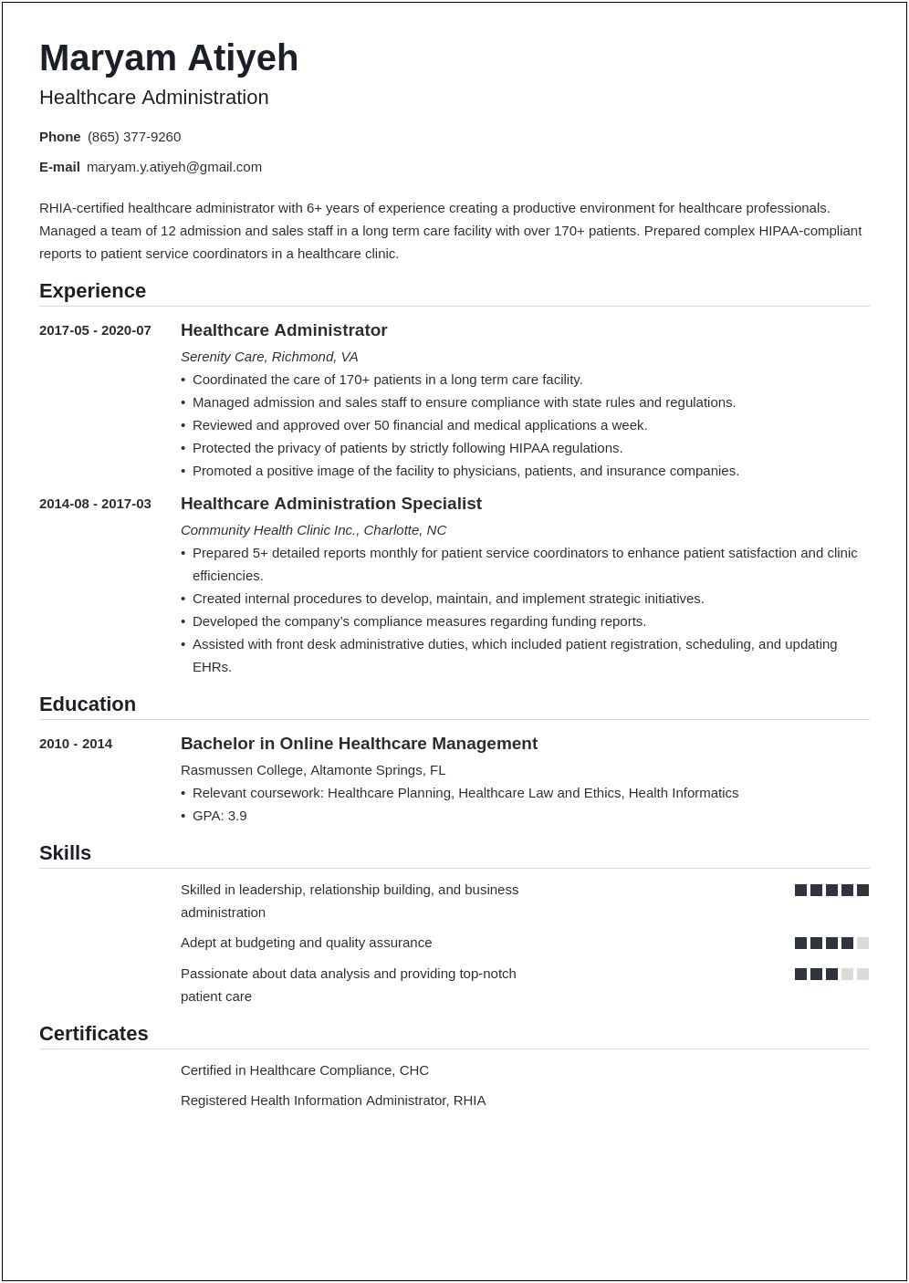 Technical Skills Resume In Healthcare Administration