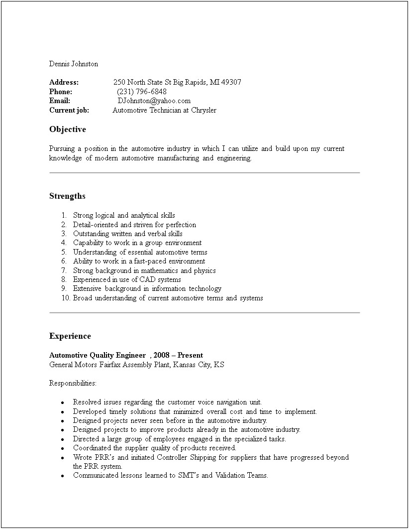 Technology 1 Automotive Systems Resume Template