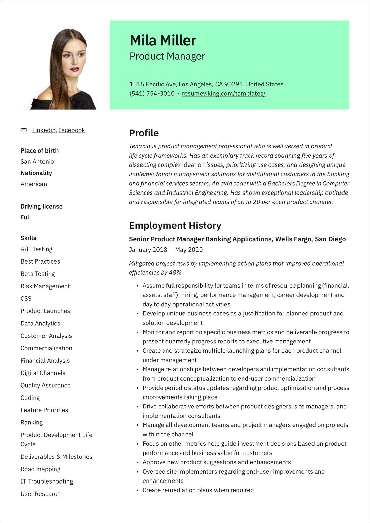 Technology Background For Product Manager Resume