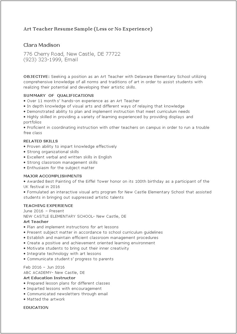 Tefl Teacher Resume Sample No Experieince