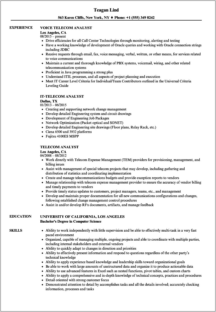 Telecom Business Analyst Resume Sample In Usa