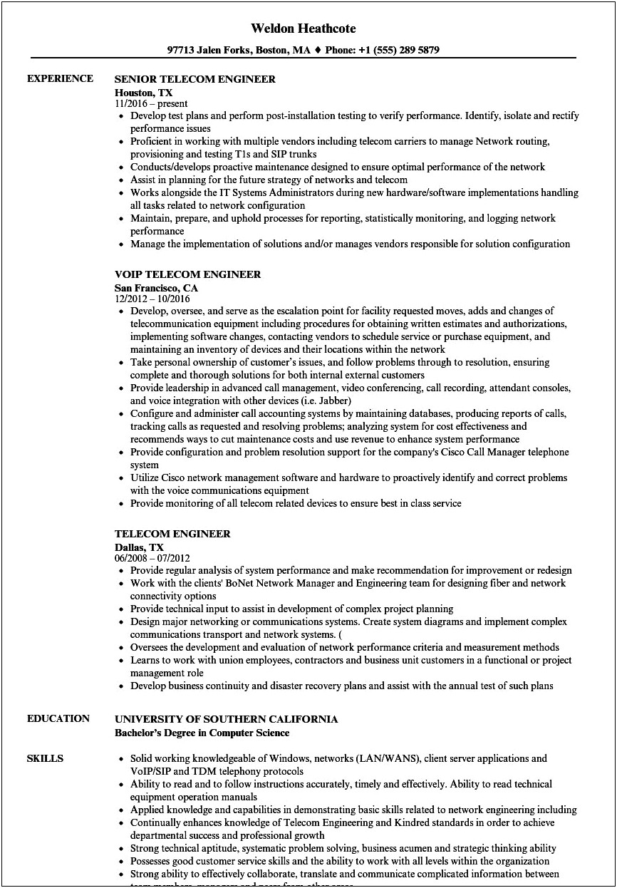 Telecommunication And Networking Engineer Resume Samples