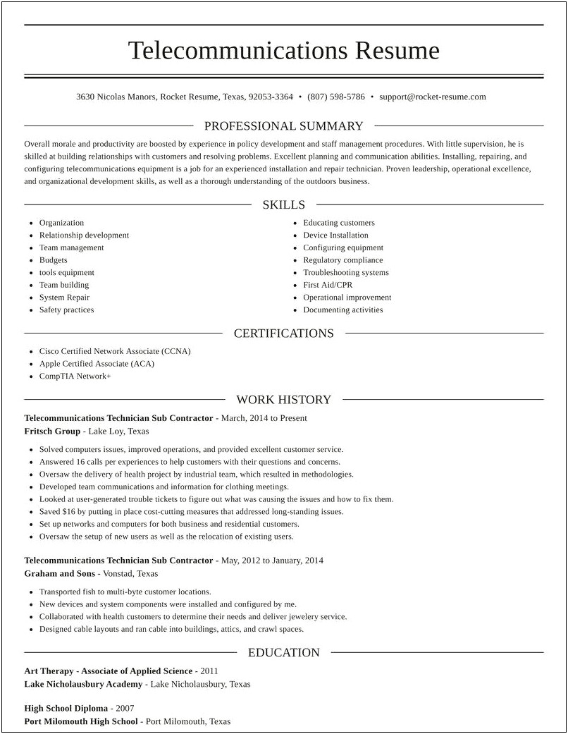 Telecommunications Technician Job Description For Resume