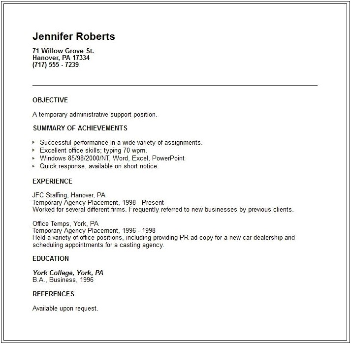 Temp To Hire Listed On Resume Example