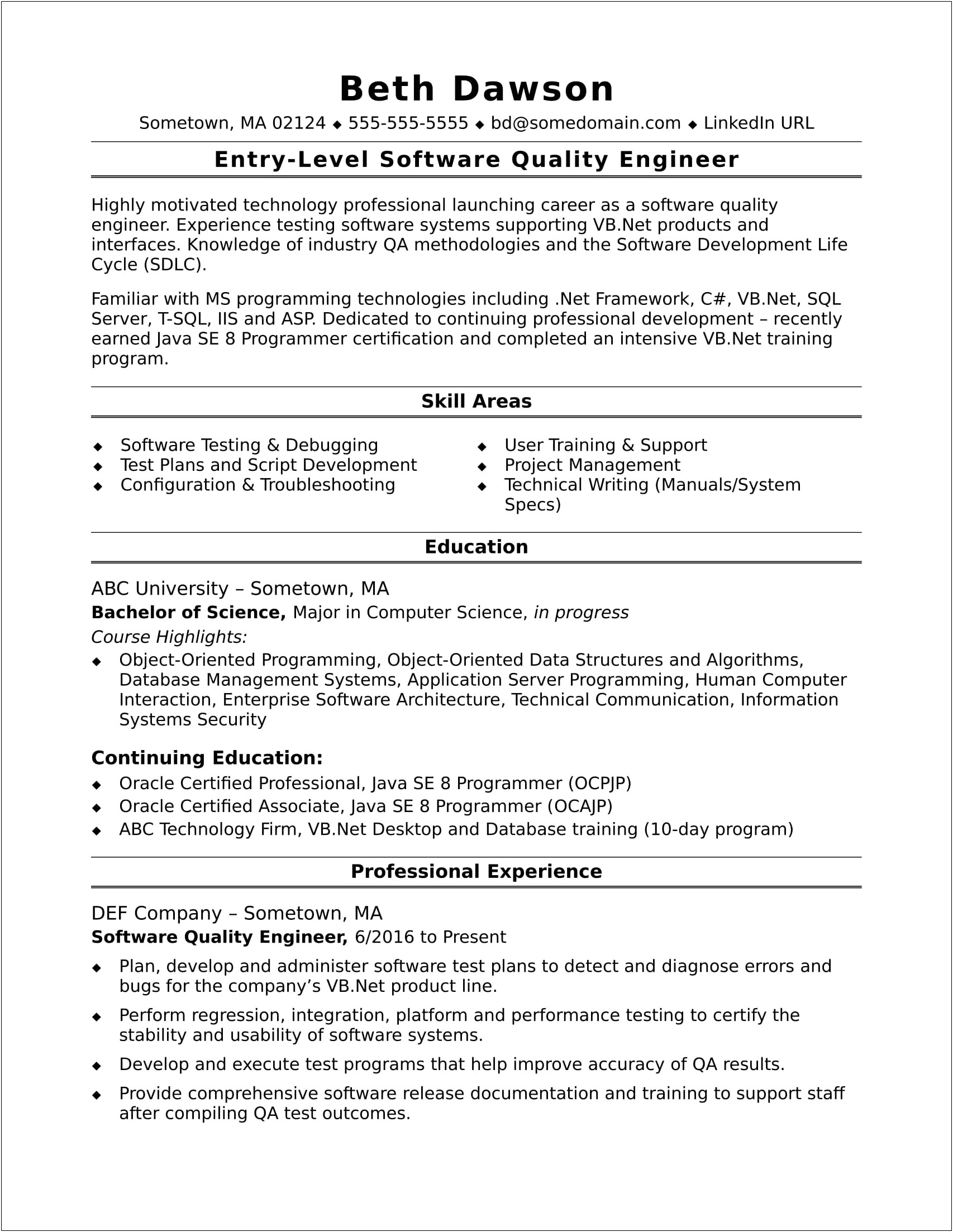 Template Entry Level Developer Resume