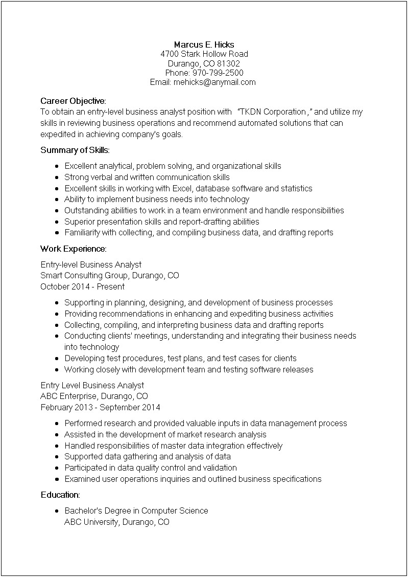Template Entry Level Resume Skills Analyst