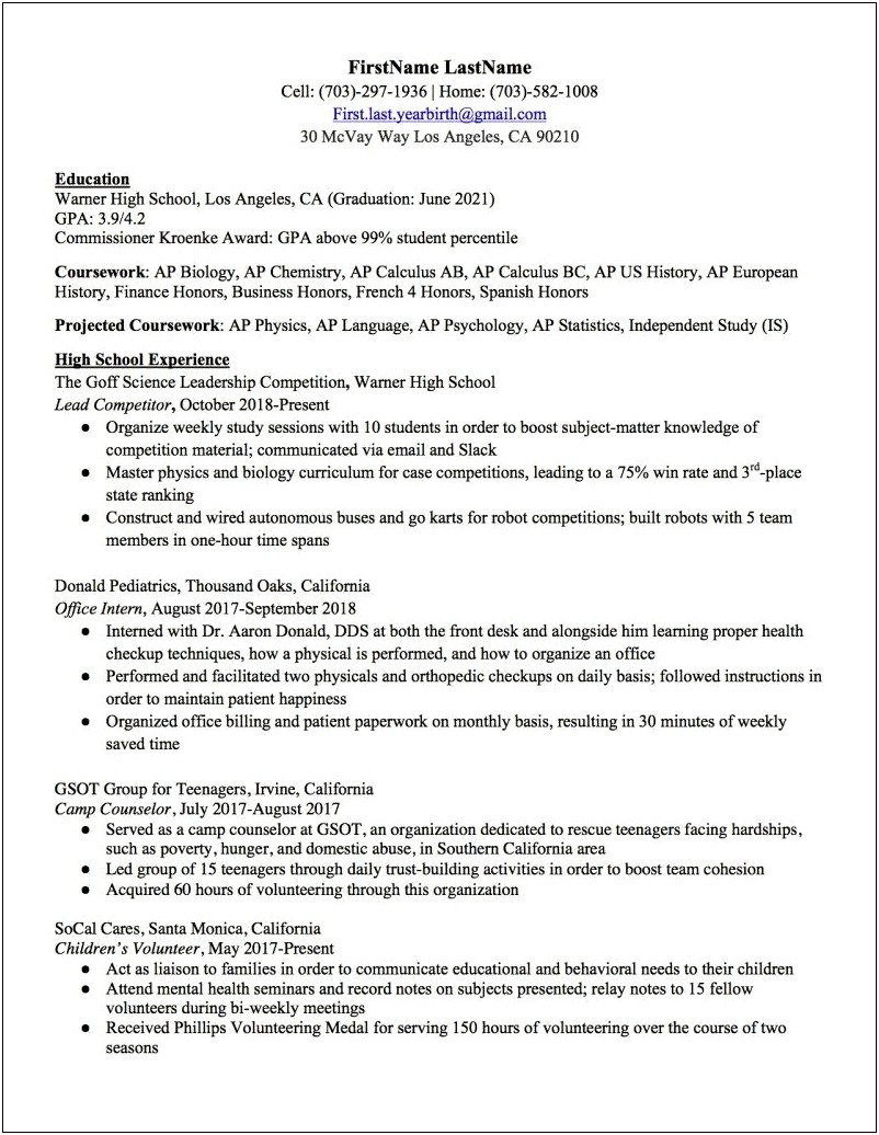 Template For High School Activities Resume