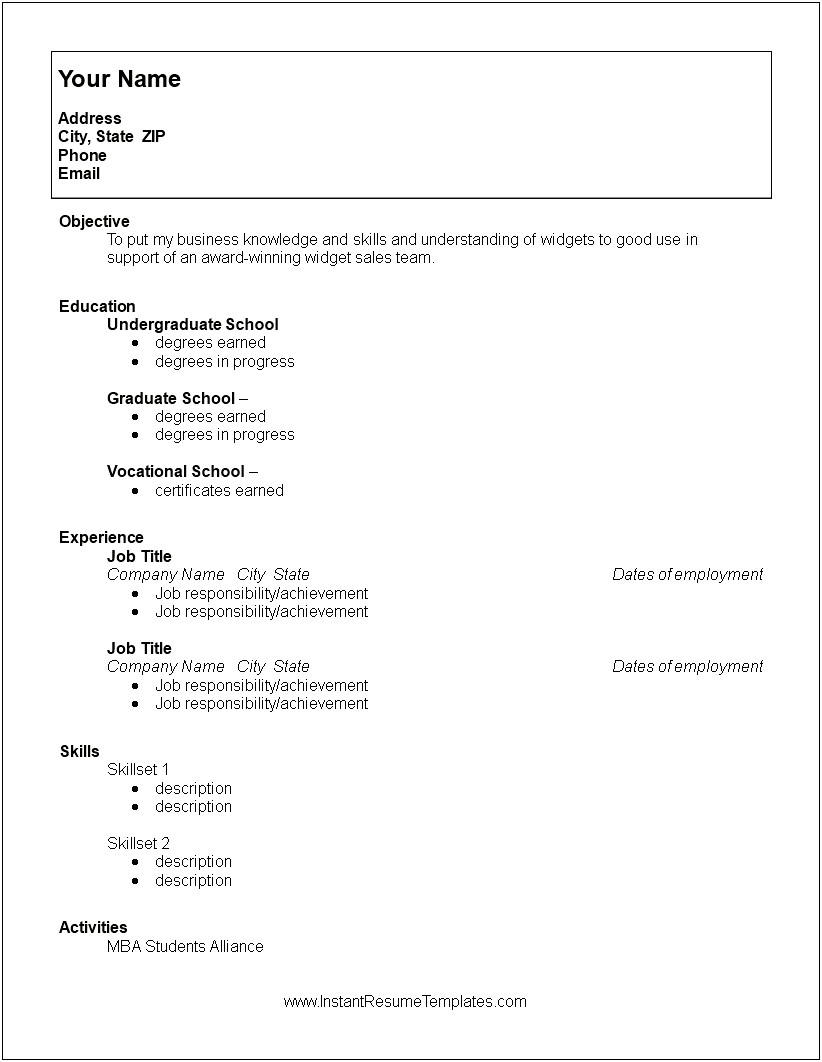 Template For One Page College Resume