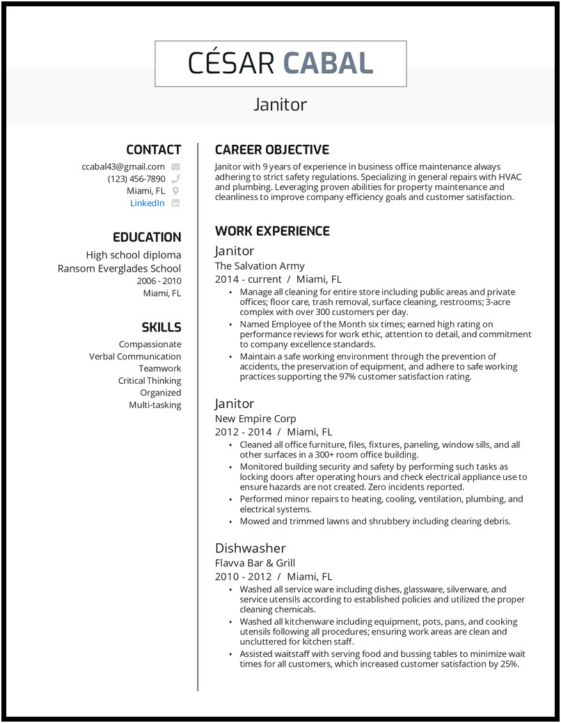 Template For Resume Skills Janitorial Work