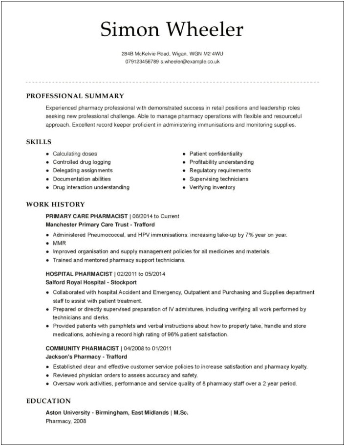 Template Of Clinical Staff Pharmacist Resume