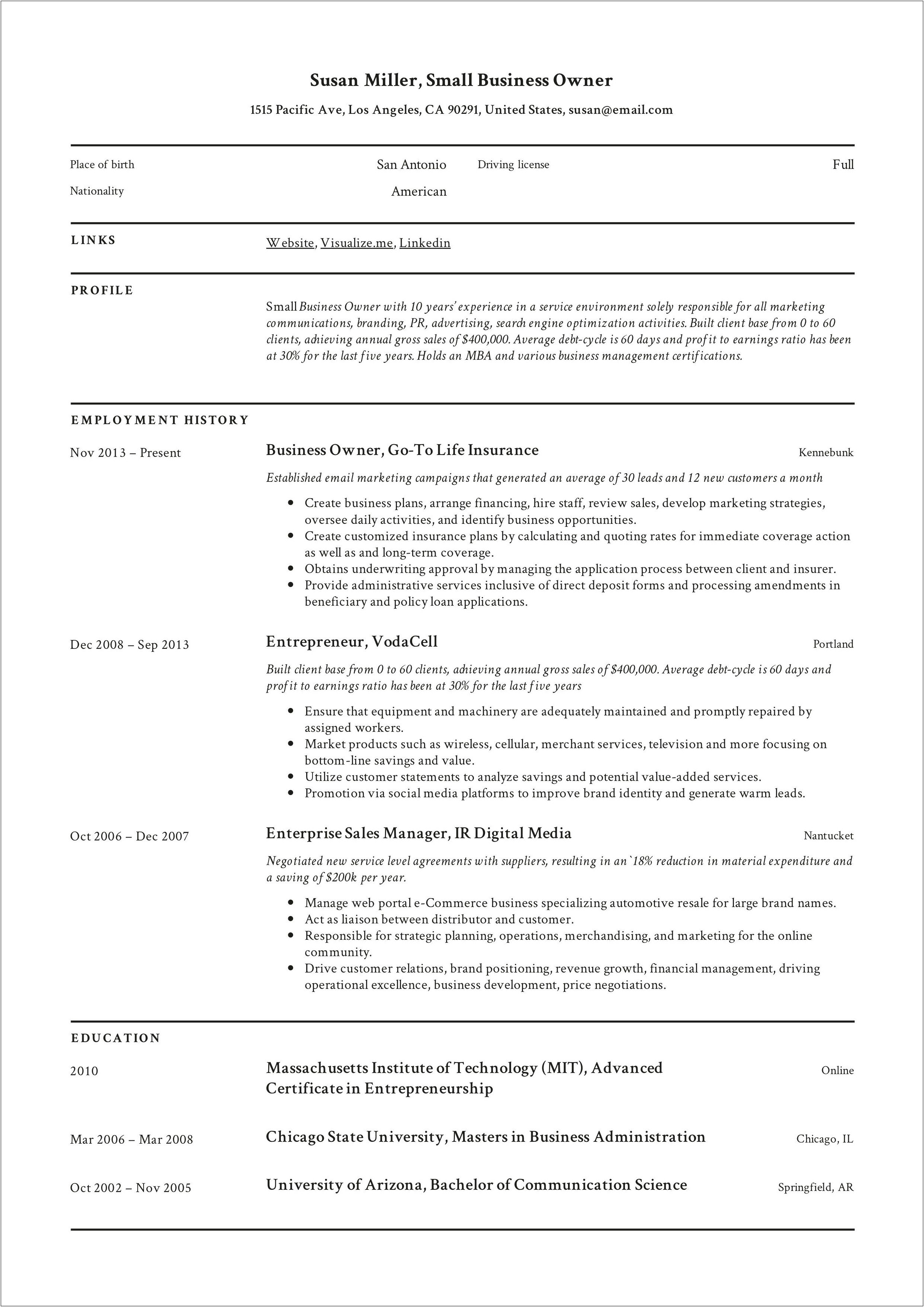 Template Transition From Business Owner To Employee Resume