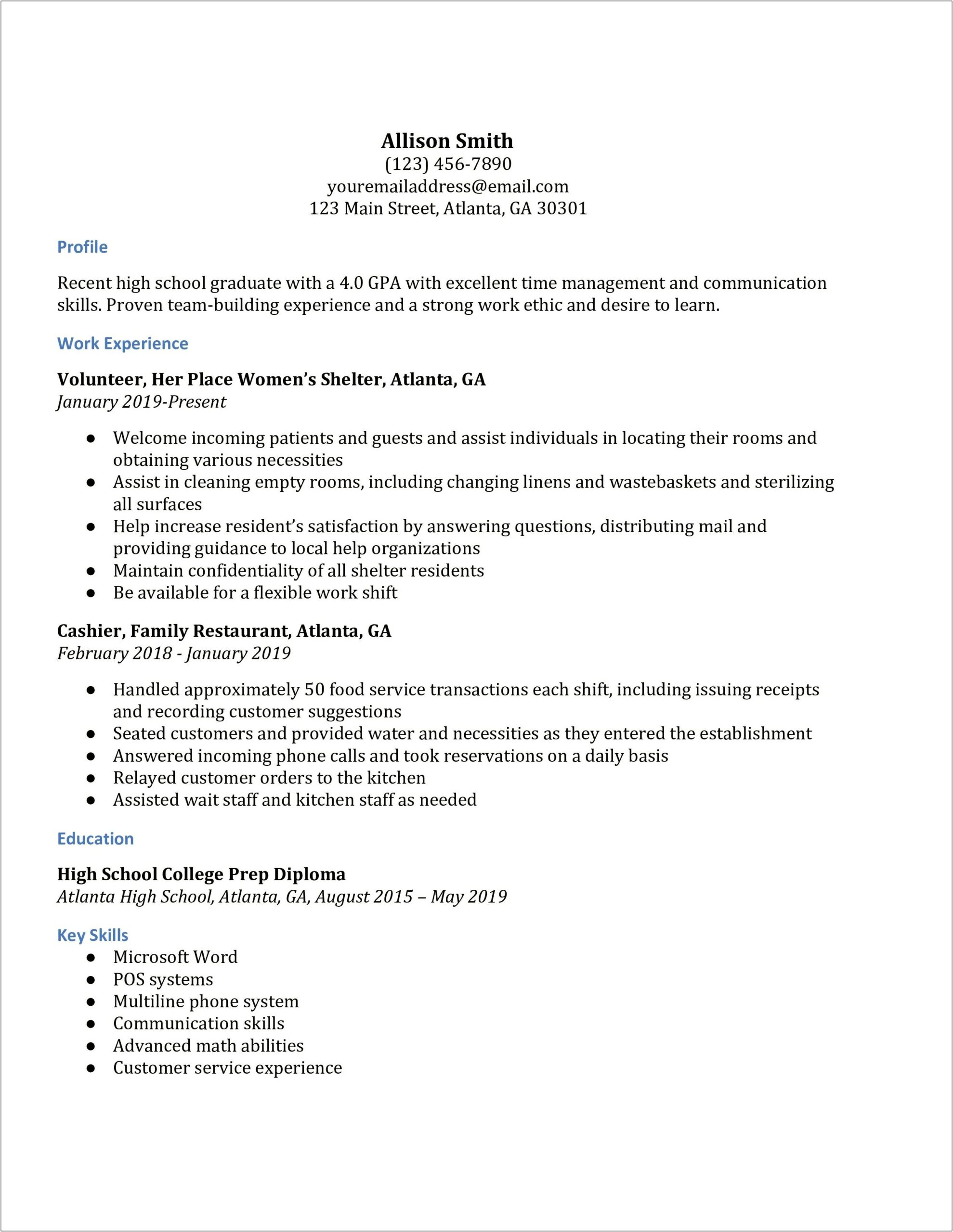 Templates For Writing High School Resume For College