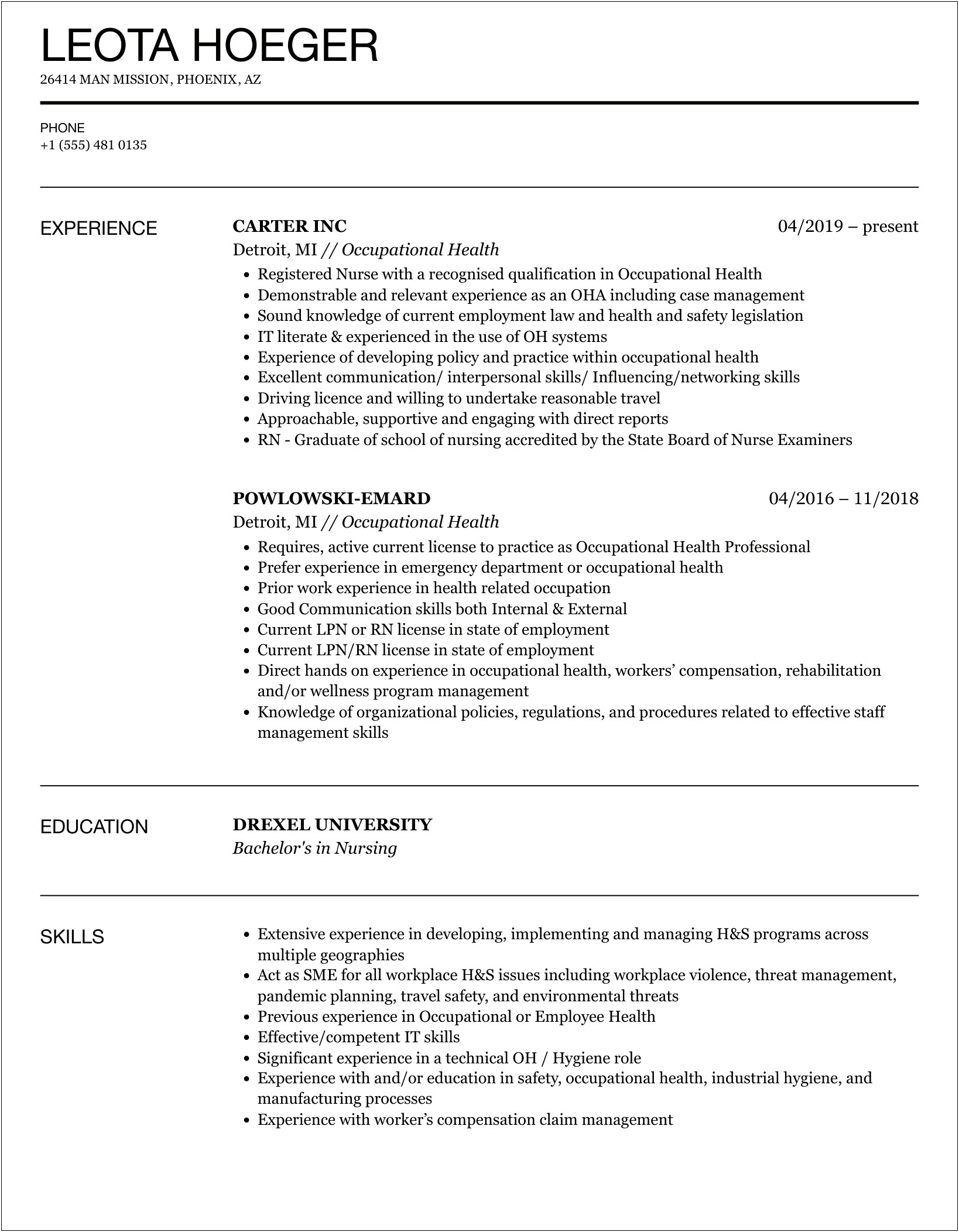 Temple Resume Occupational Health And Safety Managment
