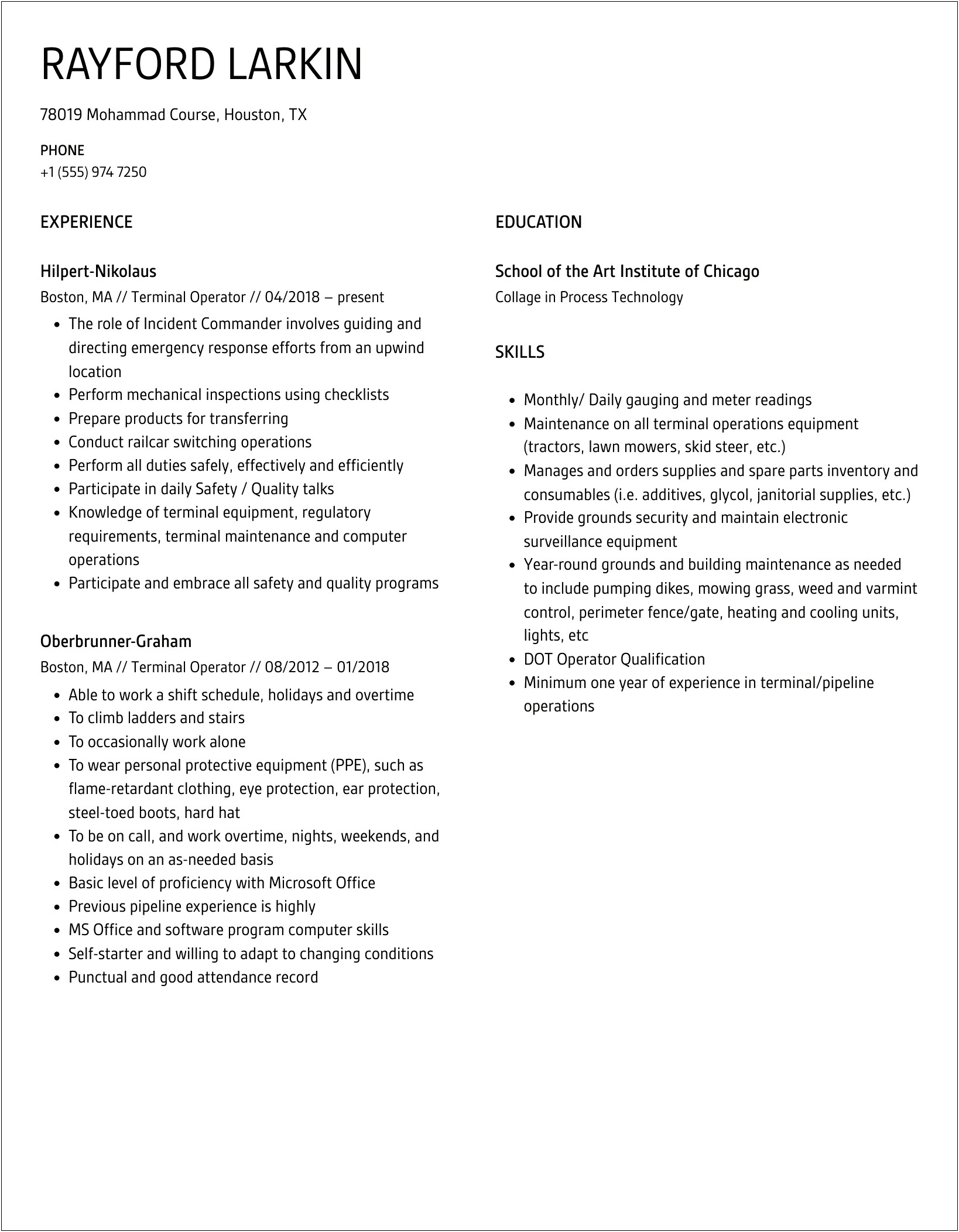 Terminal Operator Resume Sample For Entry Level