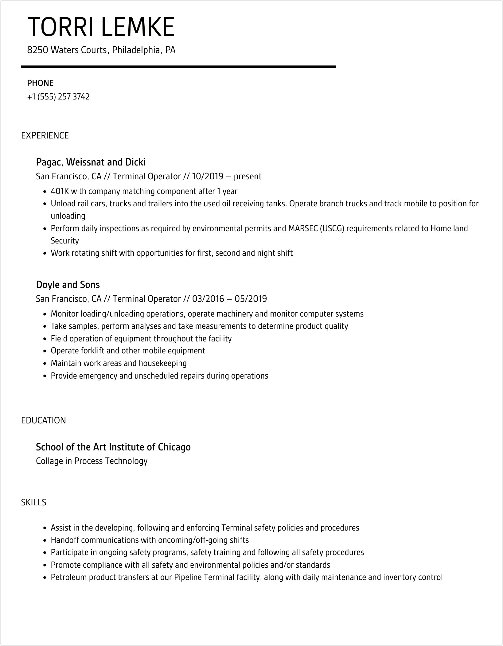 Terminal Operator Resume Sample For Entry