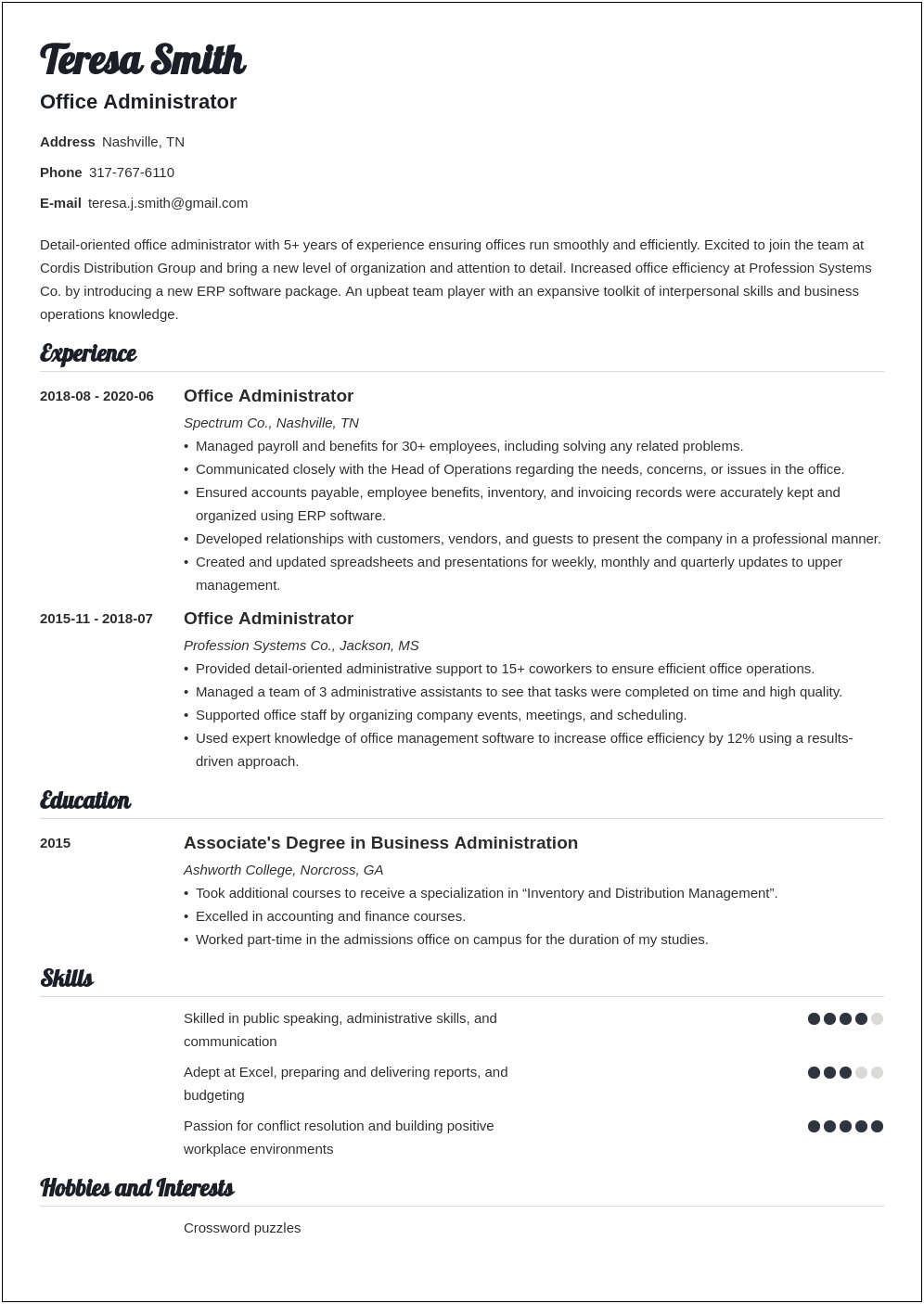Terms For Office Work On Resume