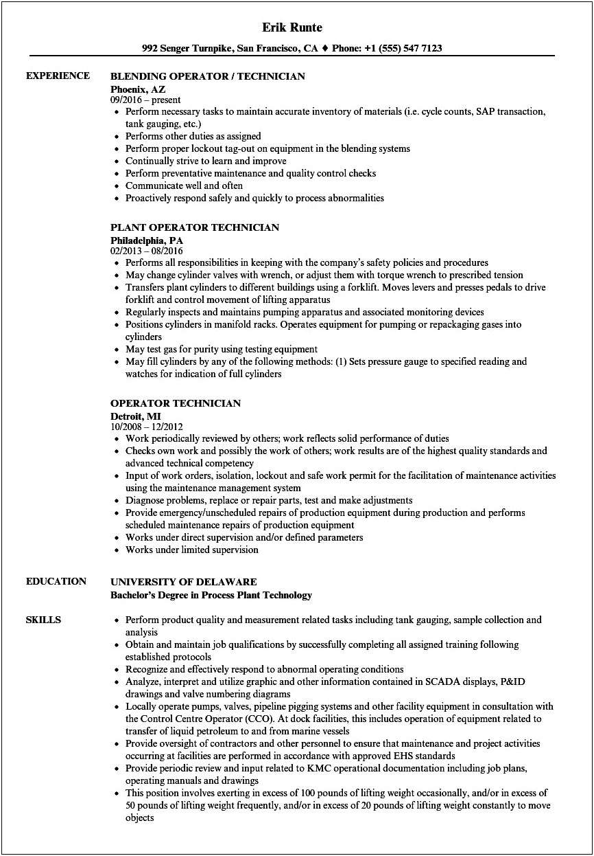 Test Cell Operator Job Duties For Resume