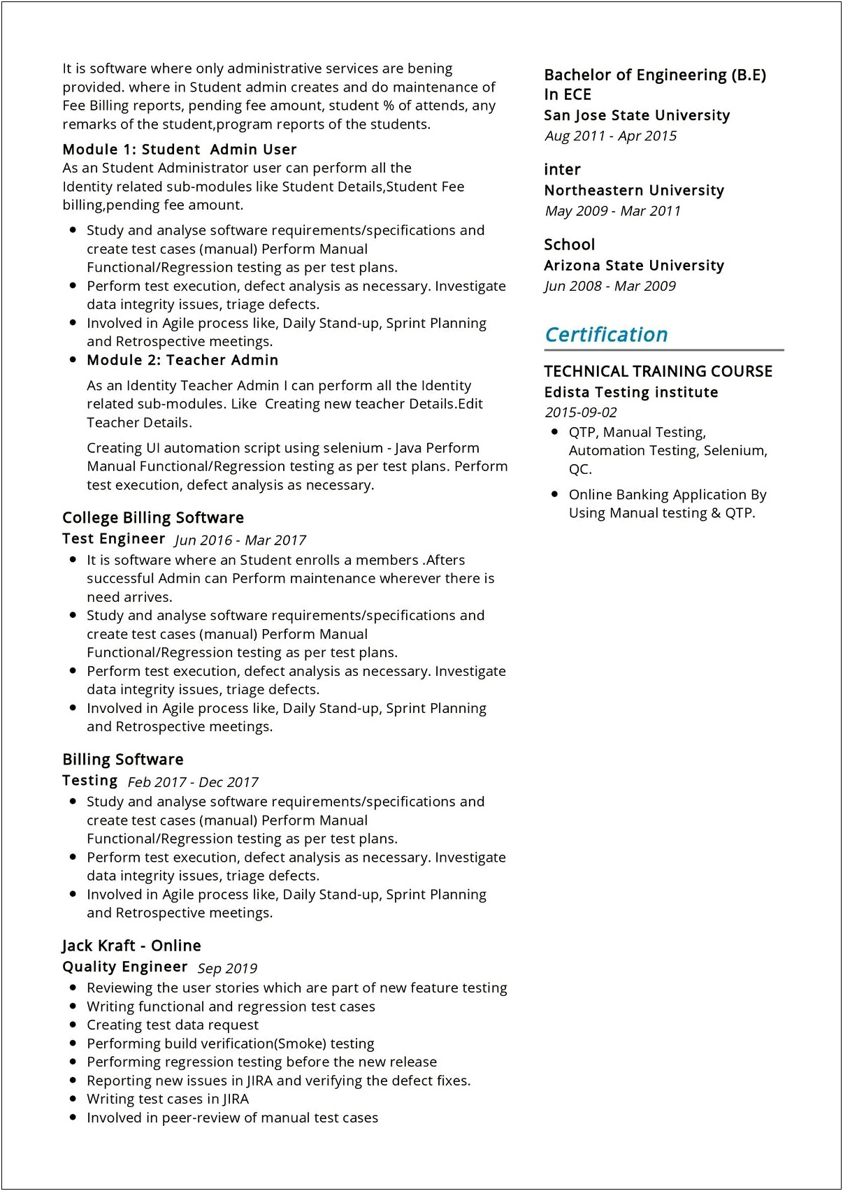 Testing 3 Years Experience Resume Manual Automation