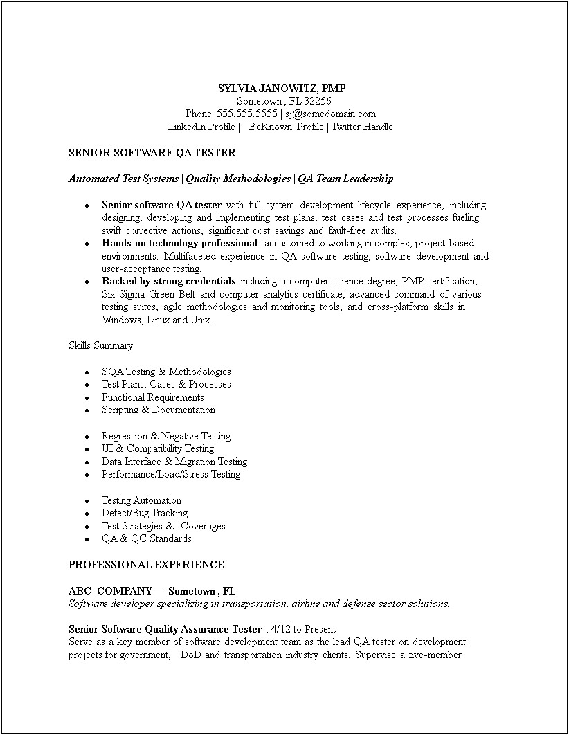 Testing Resume For Experienced Free Download