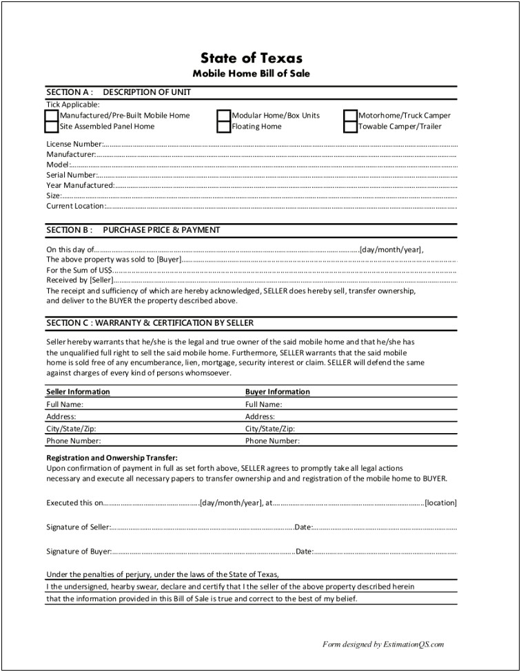 Texas Free Utility Trailer Bill Of Sale Template