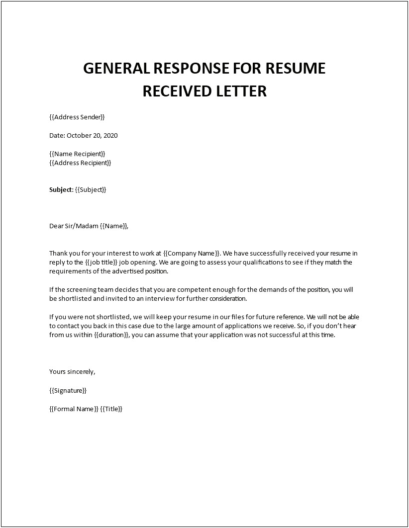 Thank You Letter For Resume Submission