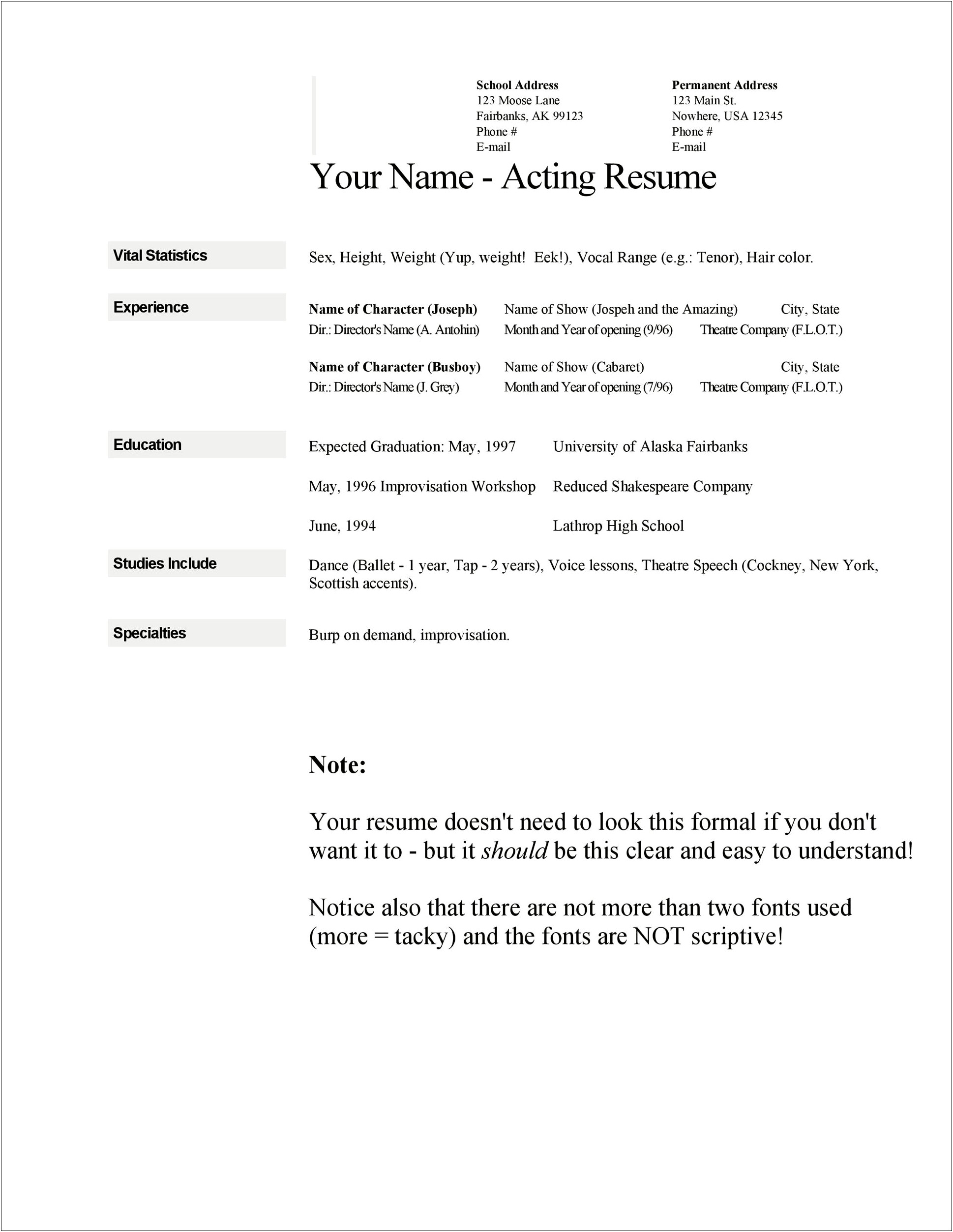 Theater Resume Template High School Credits