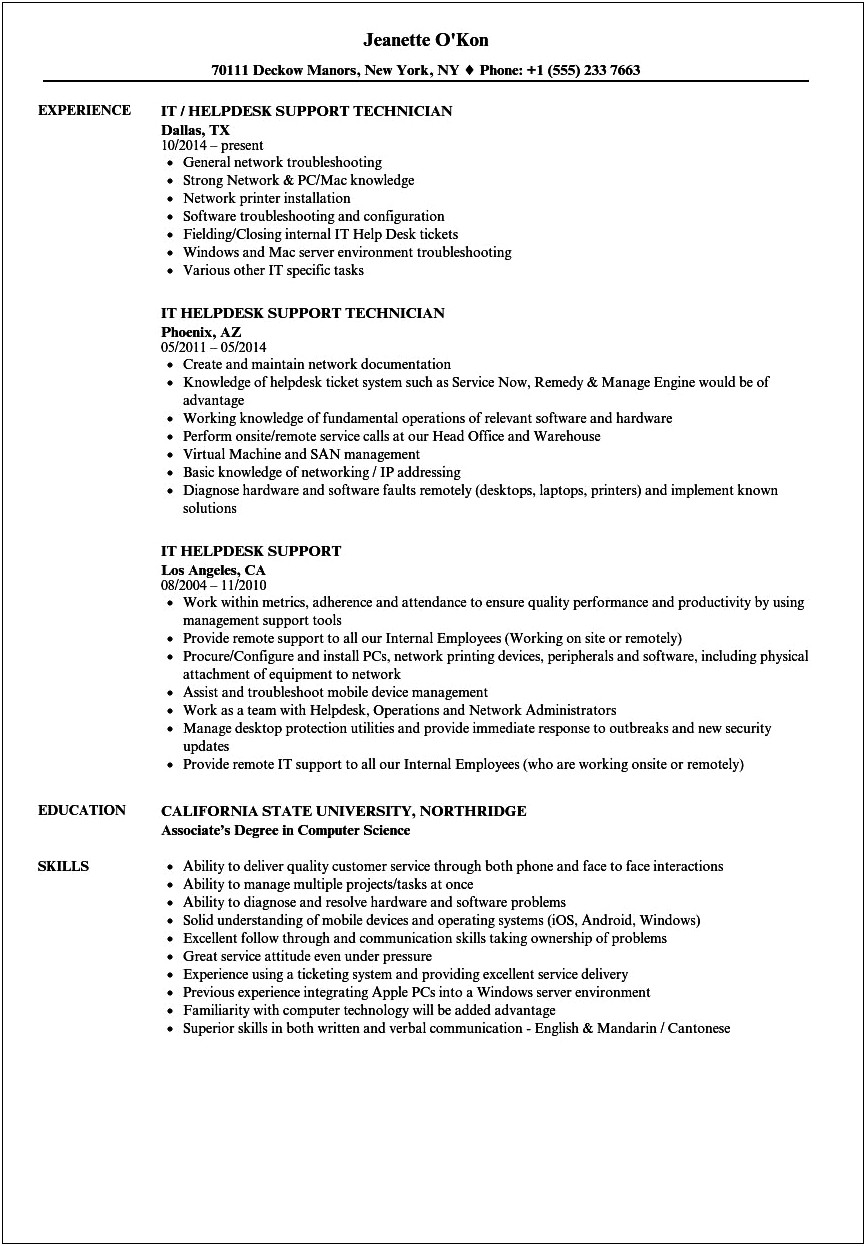 Tier 1 Help Desk Resume Sample