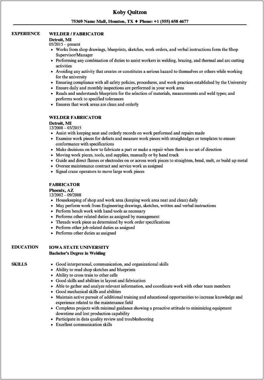Tig Welding Fabrication Job Description For Resume