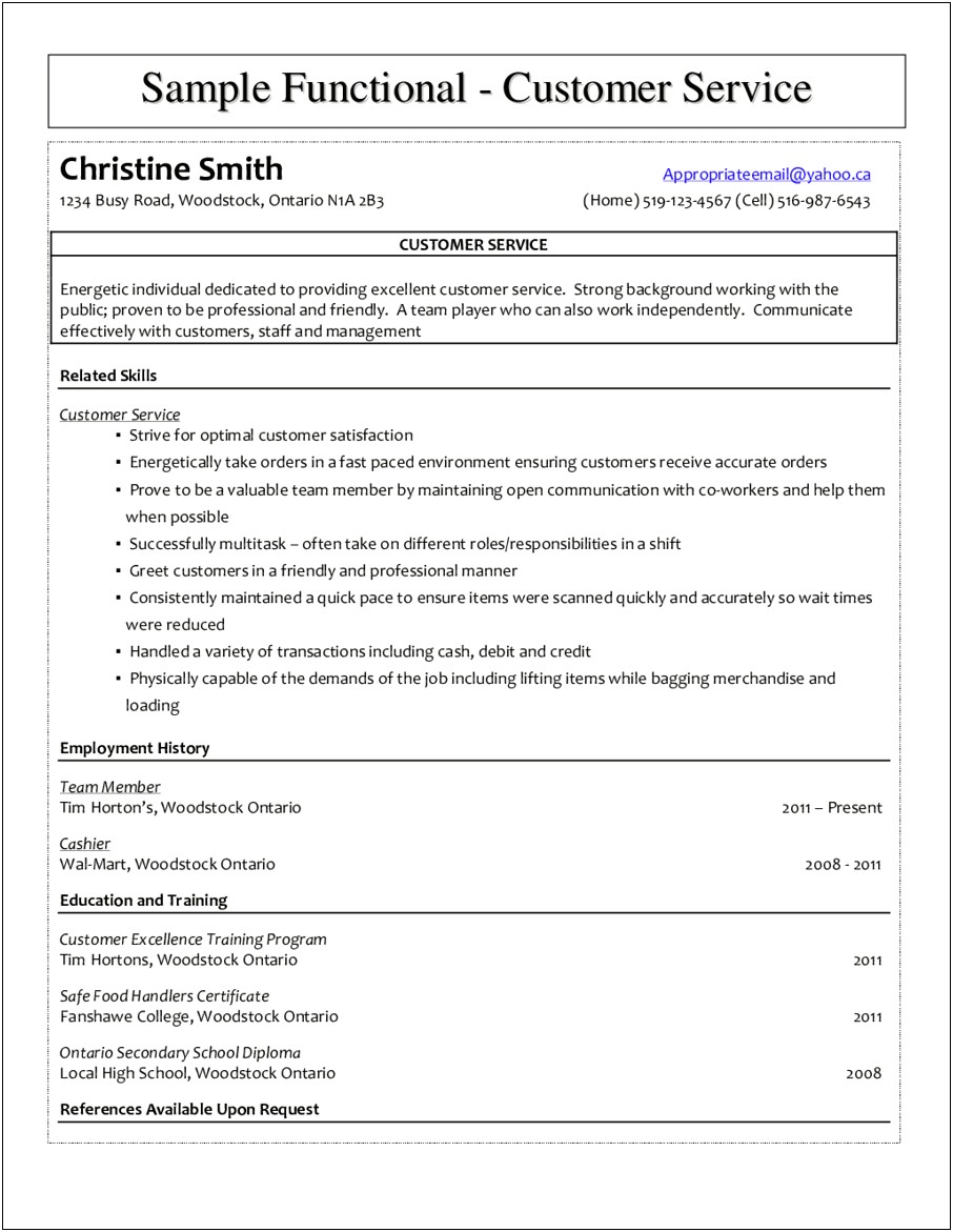 Tim Hortons Team Member Resume Sample