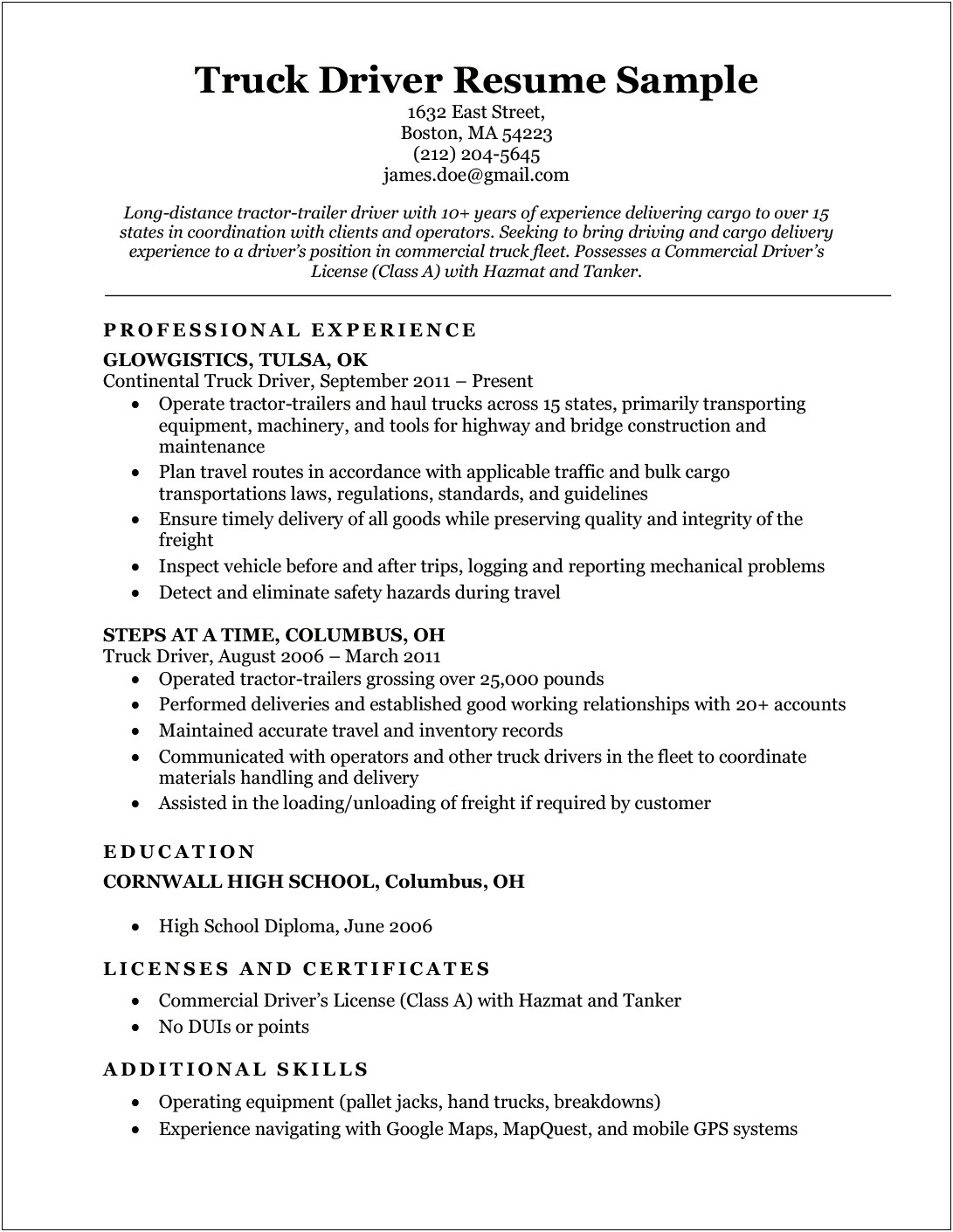 Tractor Trailer Driver Job Description Resume