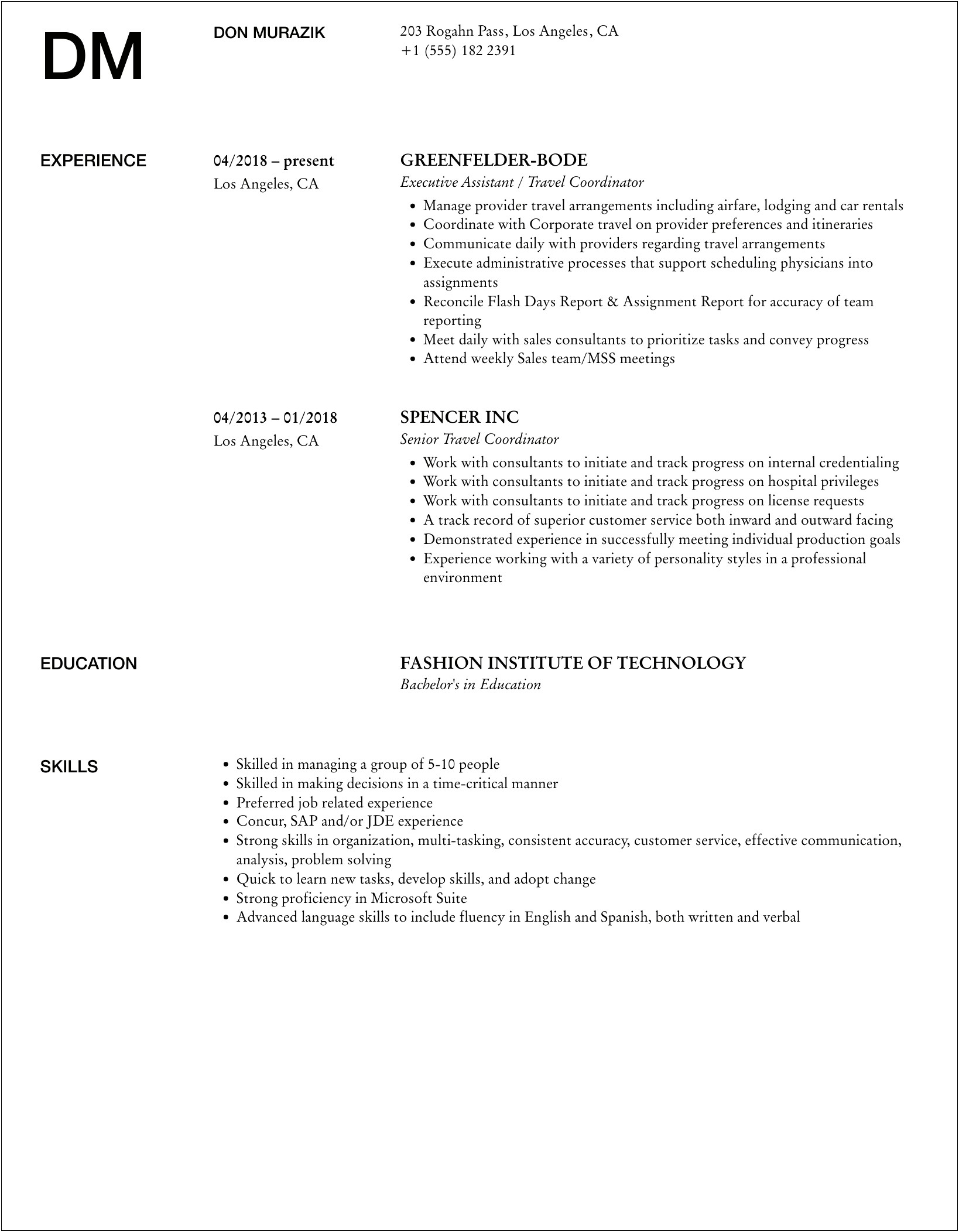 Travel Coordinator Job Description For Resume