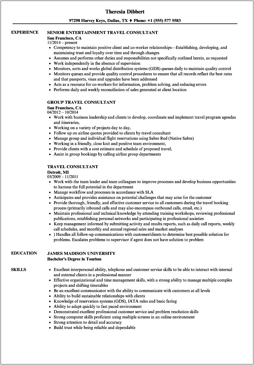 Travel Sales Consultant Resume Cover Letter