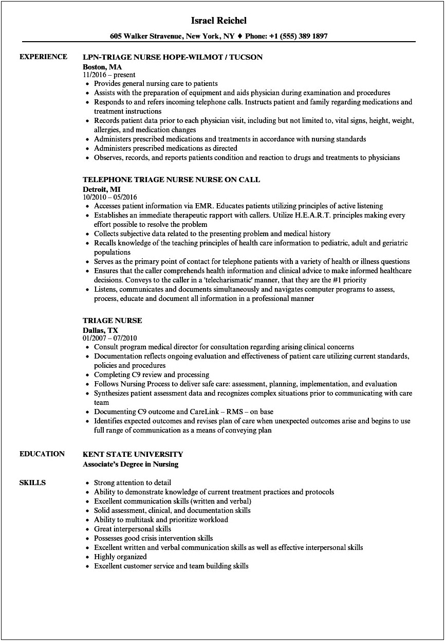 Triage Nurse Job Description For Resume