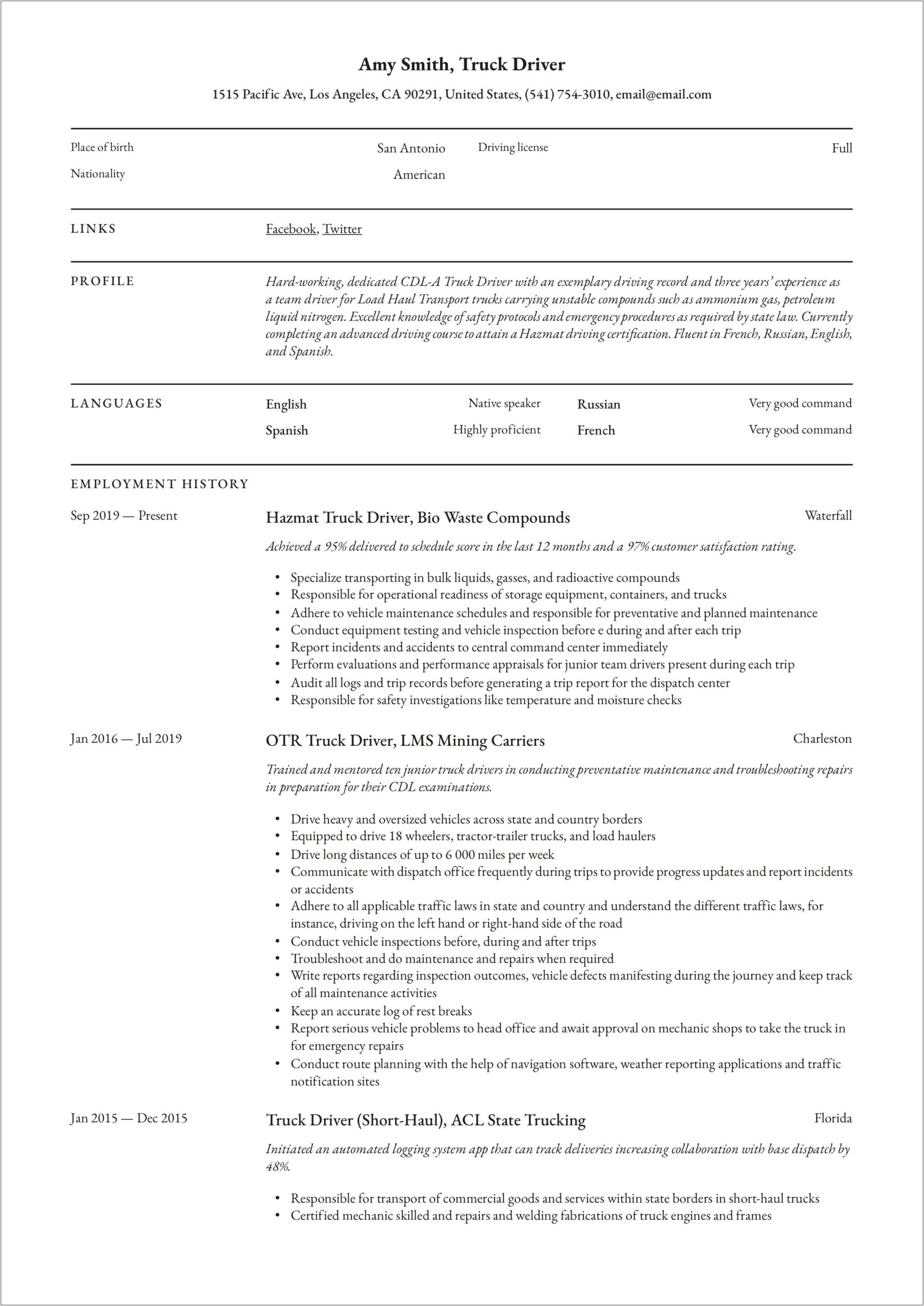 Truck Driver Job Objective For Resume