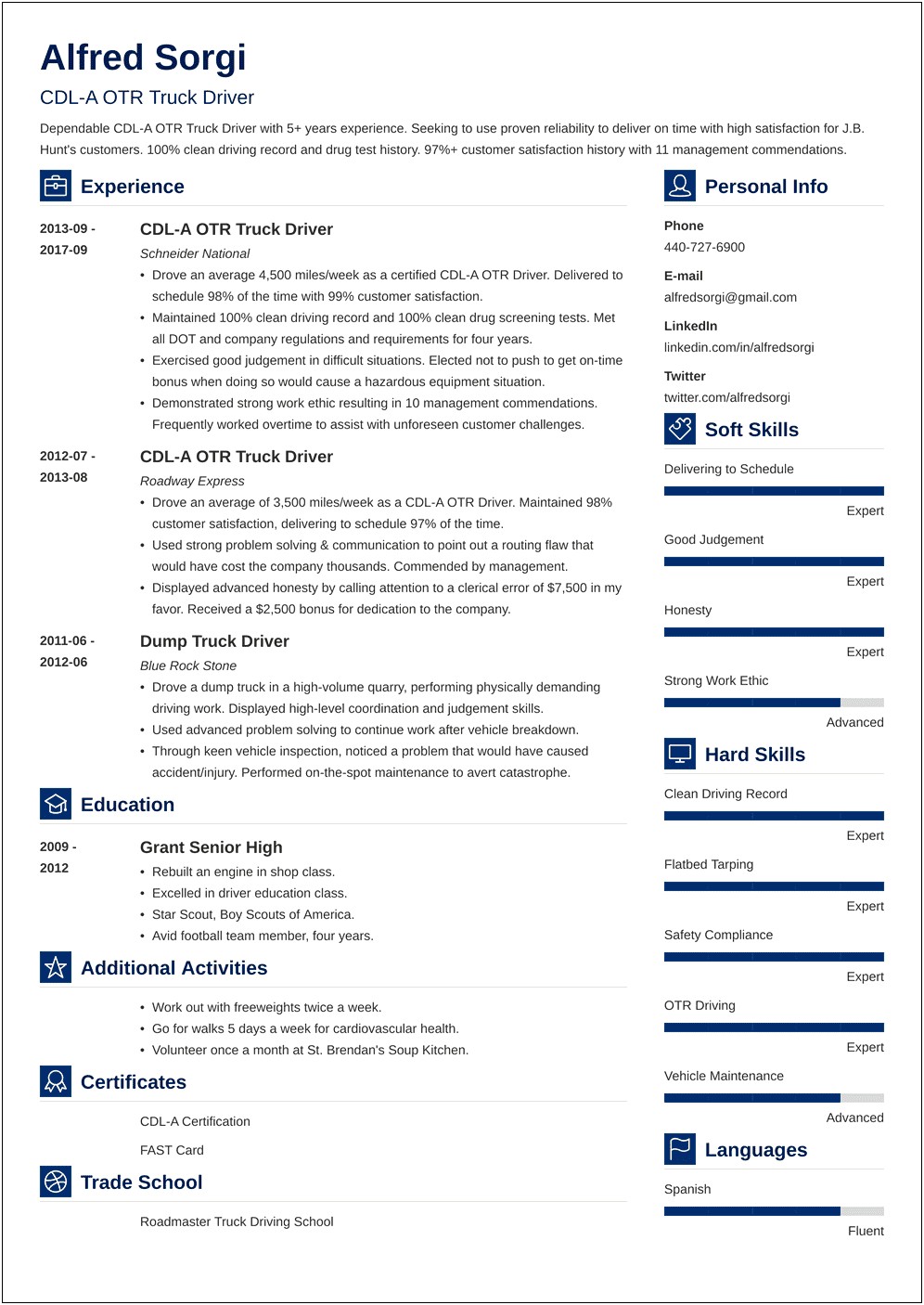 Truck Driver With A Hazmat License Resume Example