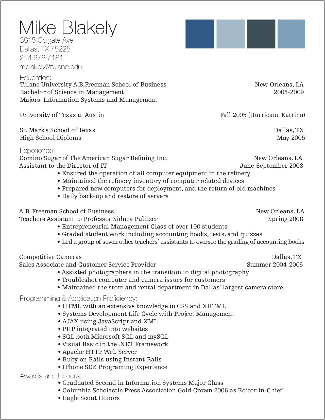 Tulane Freeman School Of Business Resume