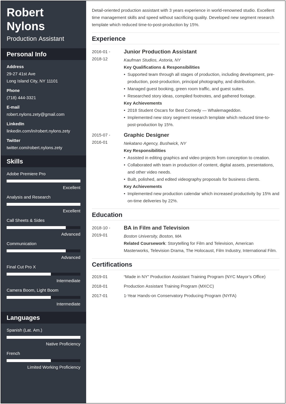 Typical Skills Section Resume Production Assisant