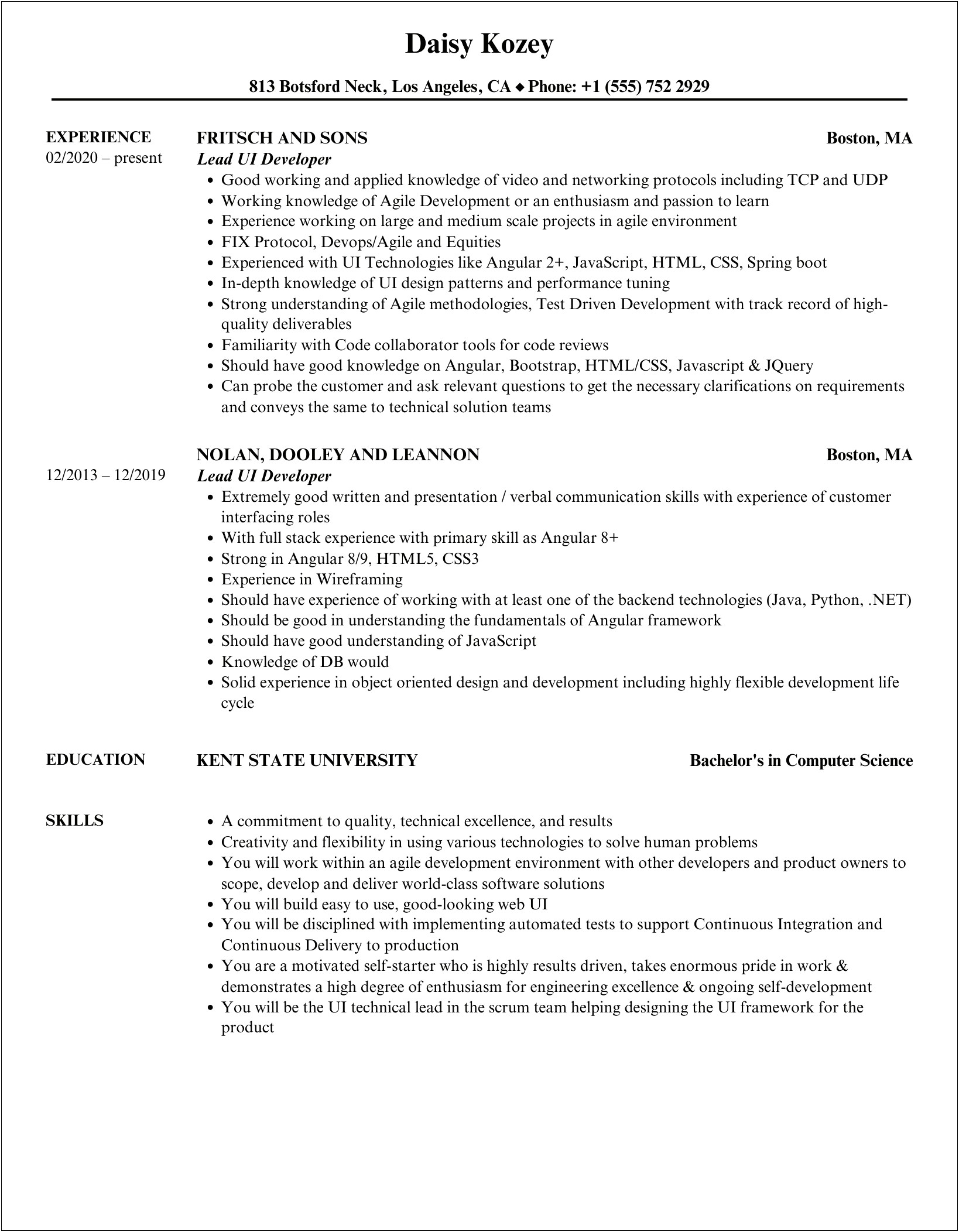 Ui Developer Lead Job Description In Resume