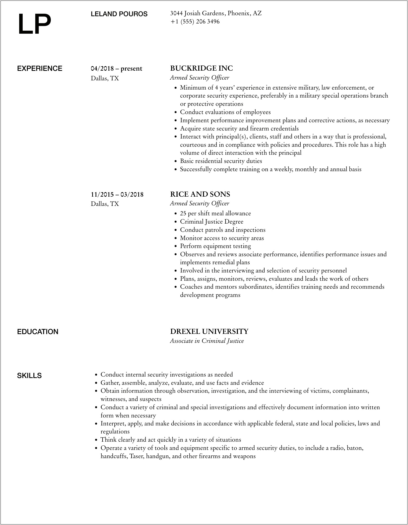 Unarmed Security Officer Skills For Resume