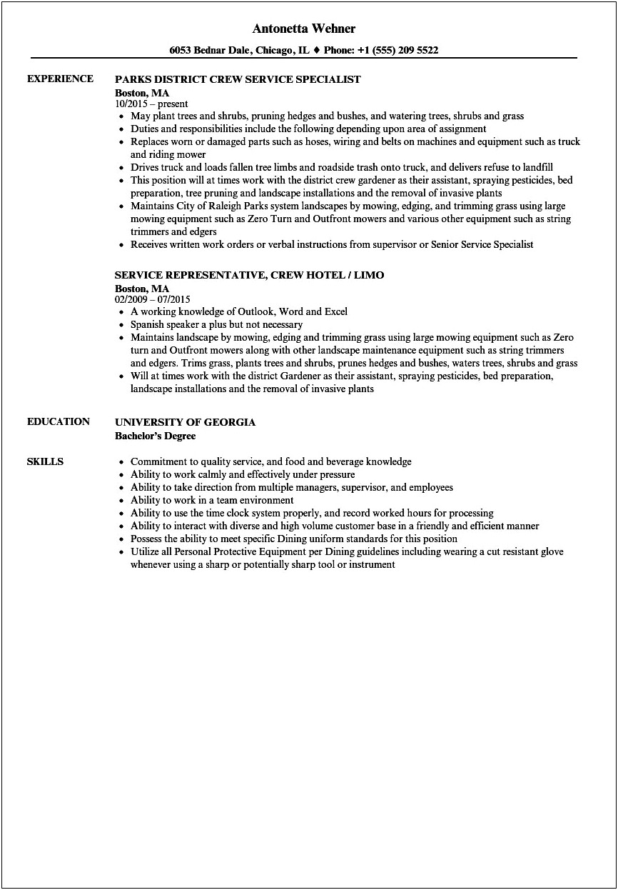 Underground Service Crew Job Description For Resume