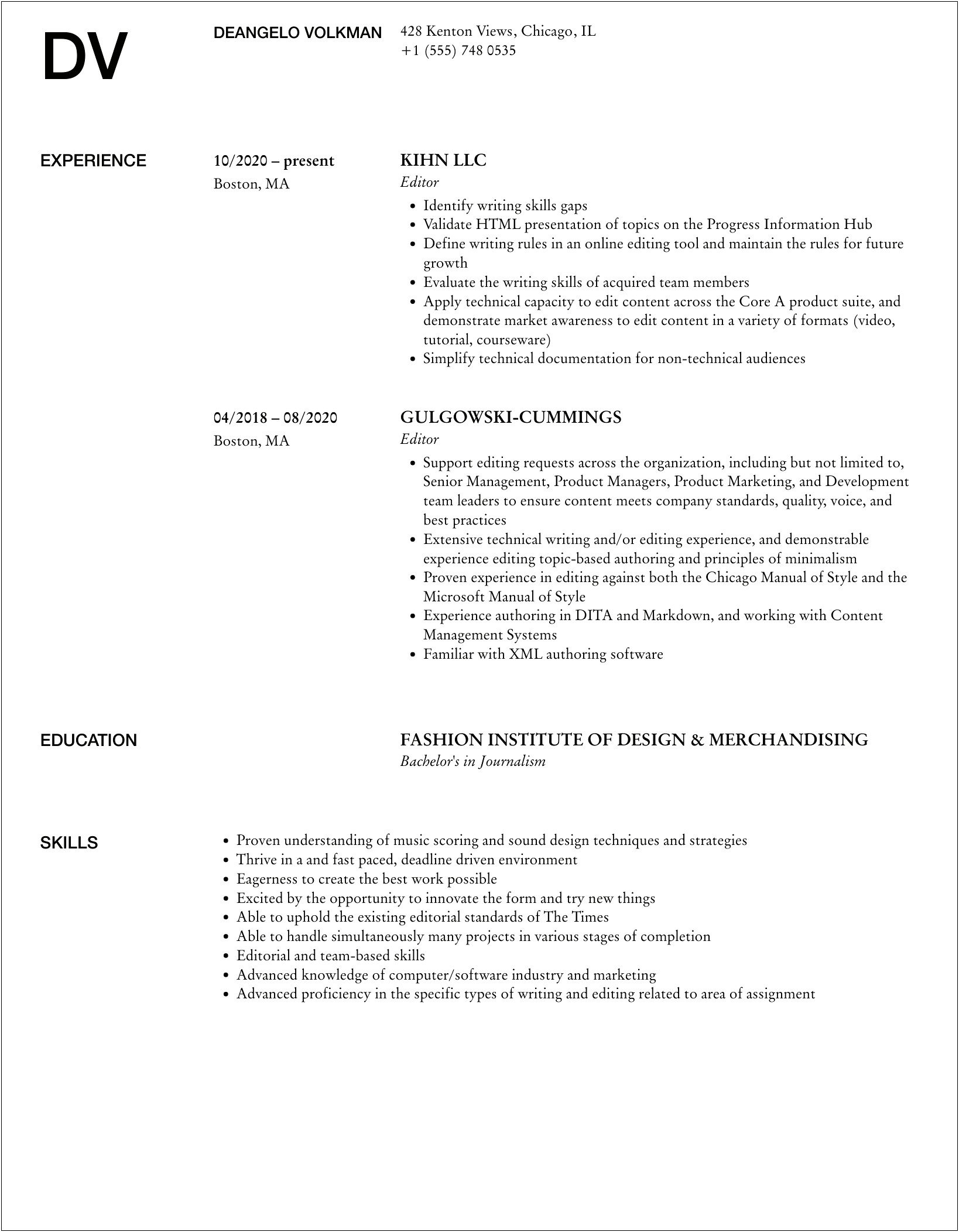 Union Local 700 Editor Resume Example