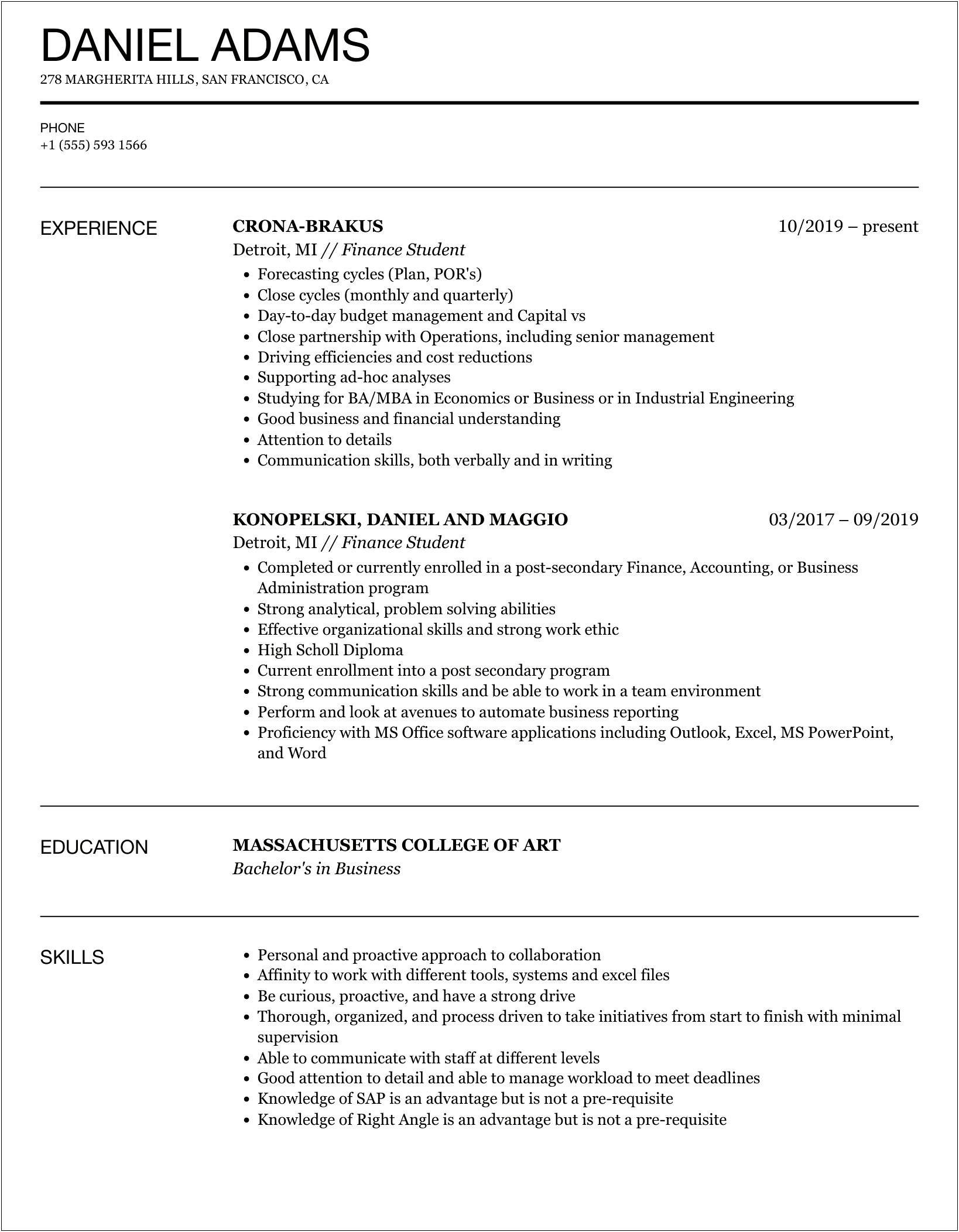 University Of Richmond Finance Resume Template