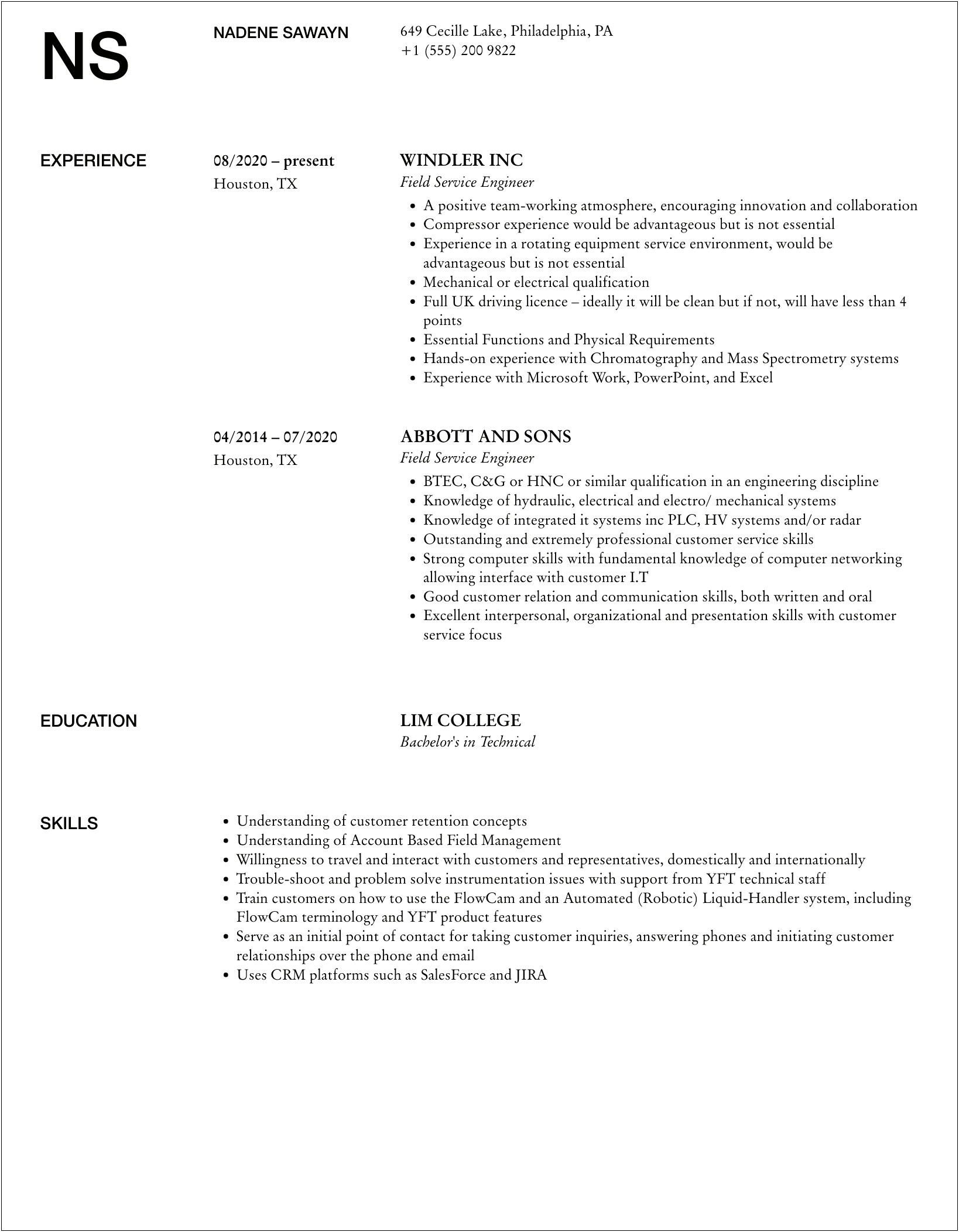 Ups Field Service Engineer Resume Sample