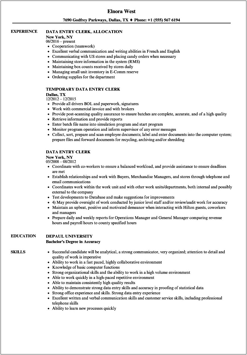 Using A Cashier Job For Data Entry Resume