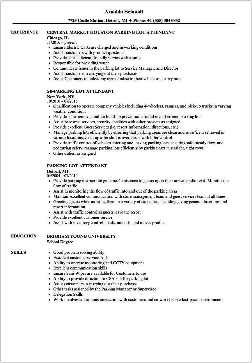 Valet Attendant Job Description For Resume