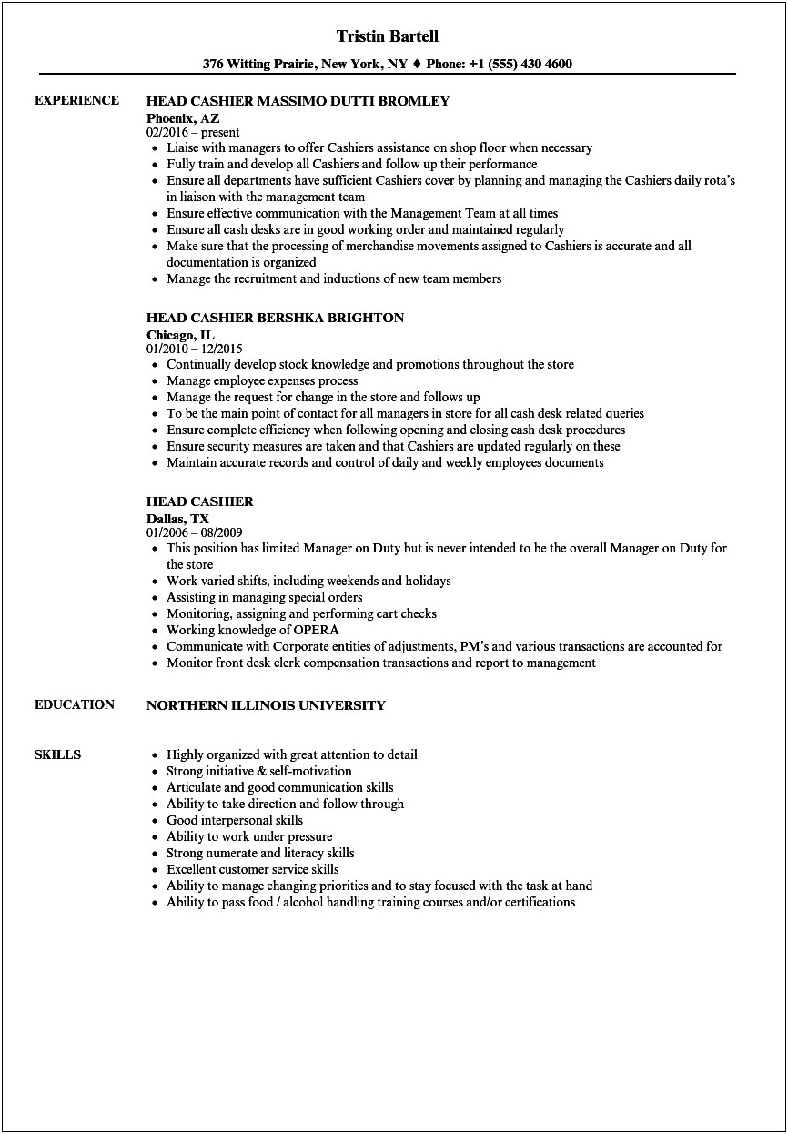 Valet Cashier Job Description For Resume