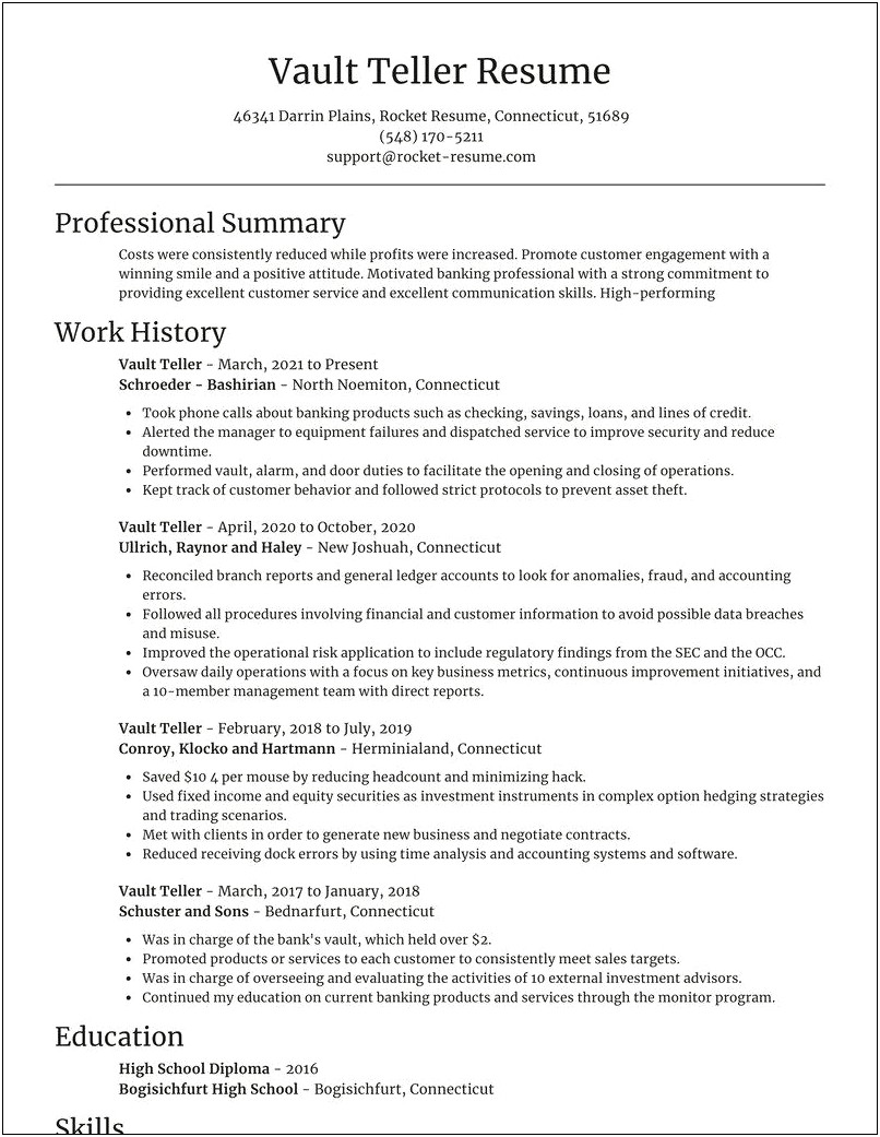 Vault Teller Job Description For Resume