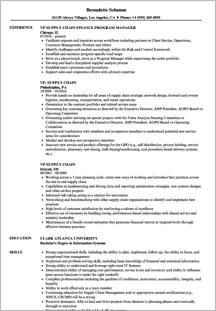 Vice President Of Operations Resume Sample